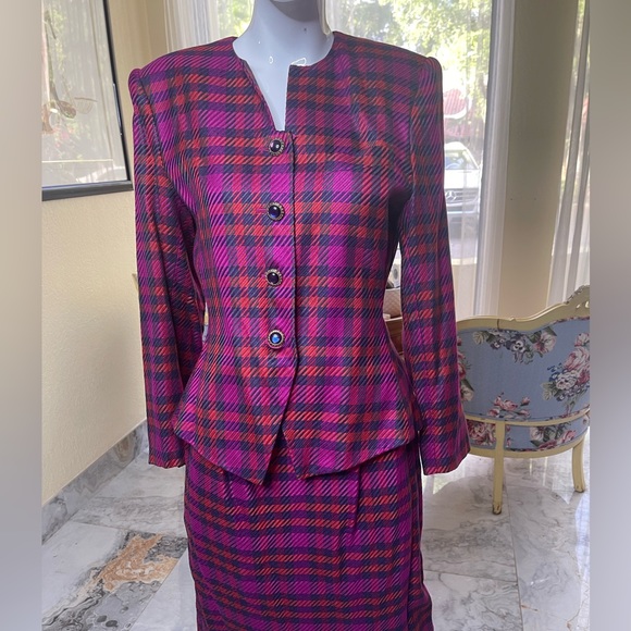 Kasper Skirt Suit Chanel Like Checkered Plaid Purple Red Vintage - Picture 3 of 8